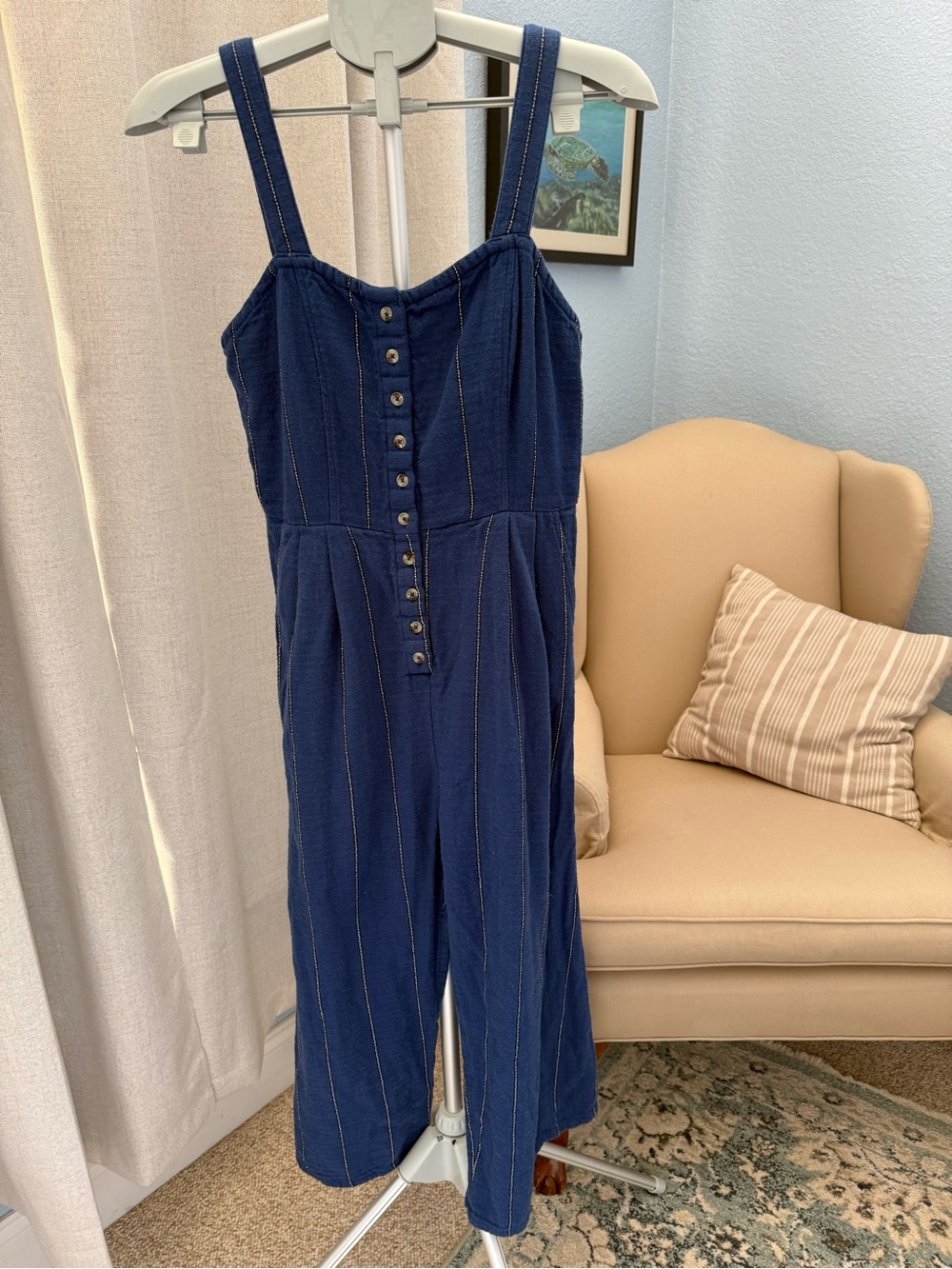 Billabong 100% Cotton Navy Blue Striped Button Front Jumpsuit Romper Size M